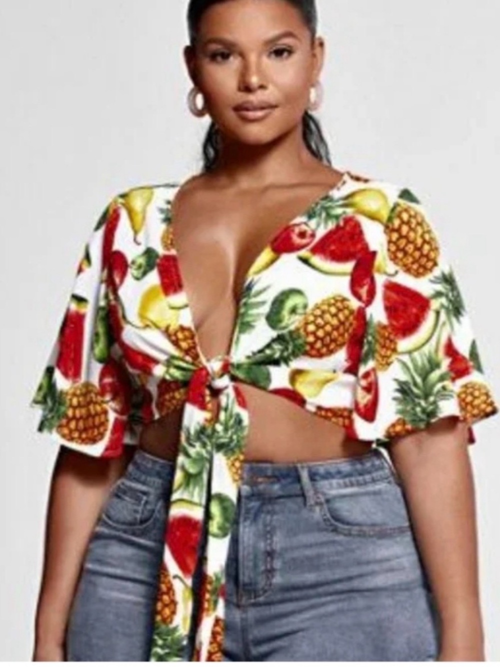 Fashion to Figure Tropical Fruit Tie-Front Crop Top - White, Red, Yellow, Green